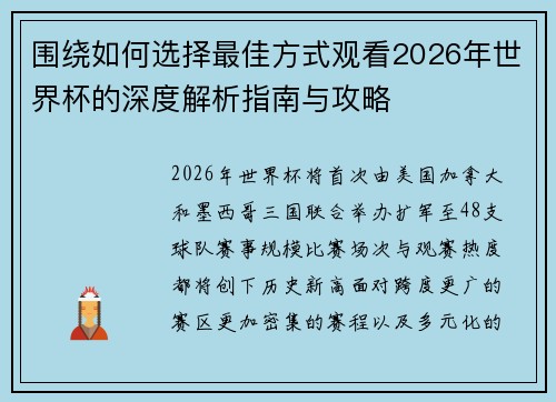 围绕如何选择最佳方式观看2026年世界杯的深度解析指南与攻略