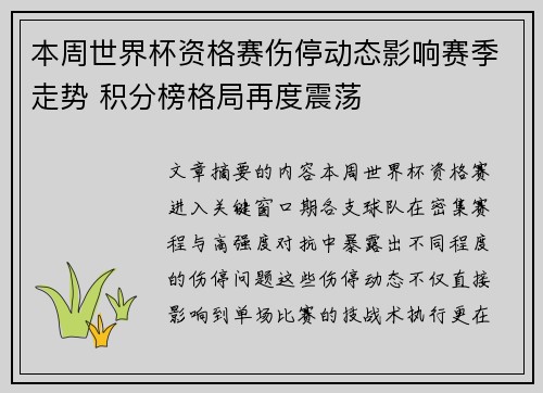 本周世界杯资格赛伤停动态影响赛季走势 积分榜格局再度震荡 本周世界杯资格赛伤停动态影响赛季走势 积分榜格局再度震荡